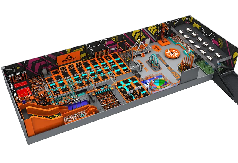 High-Energy Orange-Black Trampoline Facility: Jump Zones, Obstacle Courses, Foam Pits, Mechanical Bull & Zip Lines